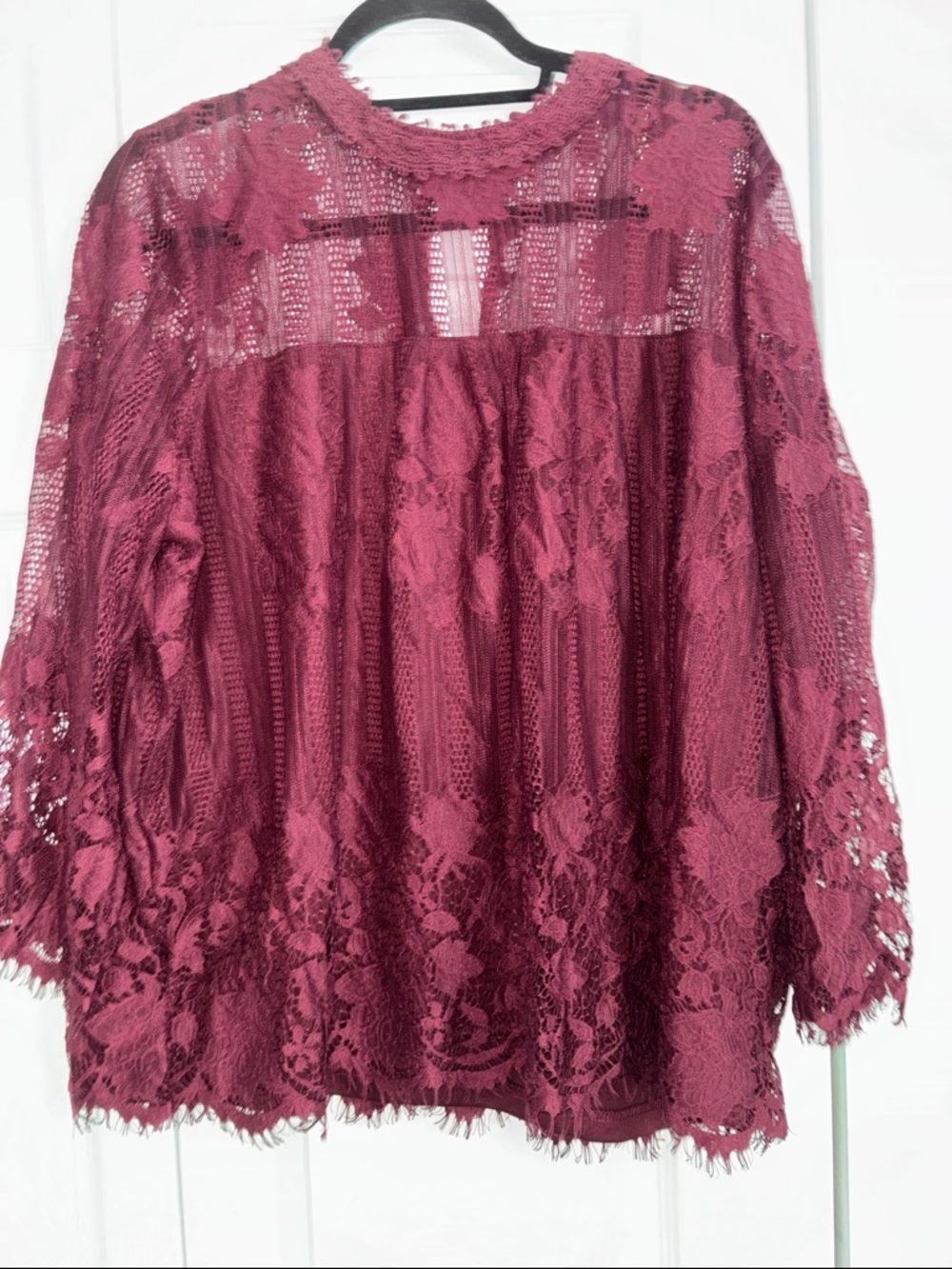 New York & Company Wine Lace Crochet Long-Sleeve Blouse